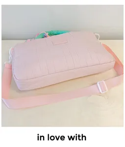 Pink quilted laptop tote bag, korean style large capacity shoulder bag for women daily use.