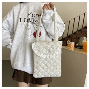 Korean Floral Quilted Laptop Bag 11 Inch iPad Tablet Tote Cute Shoulder Bag Lace Trim