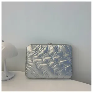 Silver quilted laptop sleeve detail, minimalist bow pattern protective case for 13 14 inch.