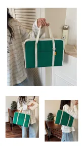 Borsa per laptop in tela verde in stile coreano con manici bianchi per il lavoro quotidiano.