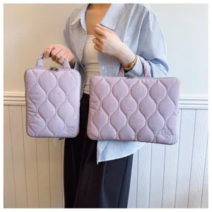 Quilted laptop bag set with handles in light purple, lightweight protective sleeve for notebook.