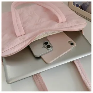 Sac cabas de protection matelassé rose avec broderie nœud, étui pour ordinateur 14 pouces.