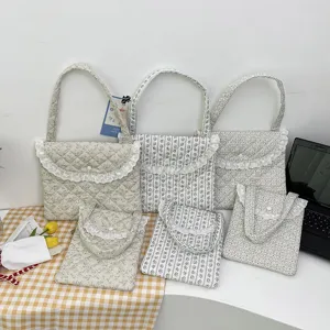 Korean floral quilted laptop bag tablet sleeve with lace trim cute tote shoulder bag style