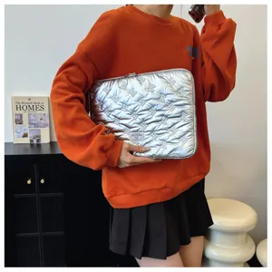 Korean quilted bow laptop sleeve silver 13 14 inch computer protective bag lightweight case