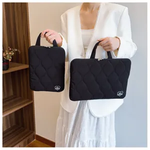 Black quilted laptop bag sleeve 11 14 inch cute heart embroidery lightweight briefcase
