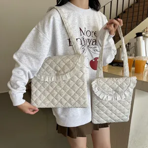 Korean style floral quilted laptop bag with delicate lace trim, versatile shoulder tote bag.