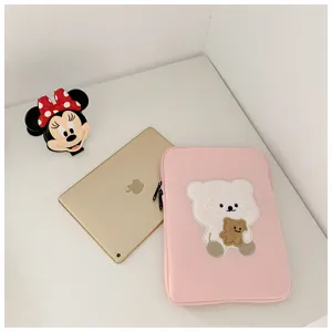Pink cute bear embroidery laptop sleeve tablet pouch fluffy aesthetic protective case 11 inch