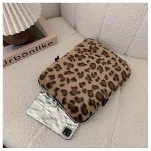 Custodia per tablet in peluche con stampa leopardata borsa morbida per laptop da viaggio