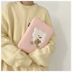 Korean ins style cute bear embroidery laptop sleeve tablet inner bag soft pink aesthetic storage case