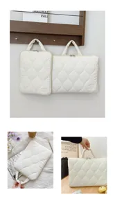 Detailed shot of white quilted laptop sleeve, soft texture, secure zipper and handy handle.