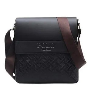 Detailansicht der Vintage PU Leder Herrentasche mit Webstruktur und braunem Schultergurt.