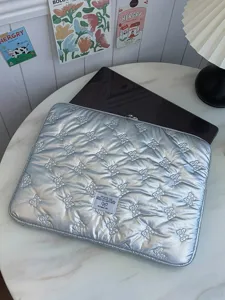 Korean style silver quilted laptop sleeve with cute bow pattern, 13 14 inch computer bag.