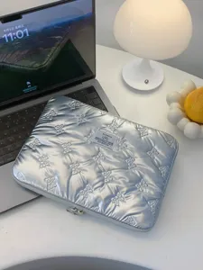 Silver quilted bow laptop sleeve 13 14 inch padded computer case protective storage bag