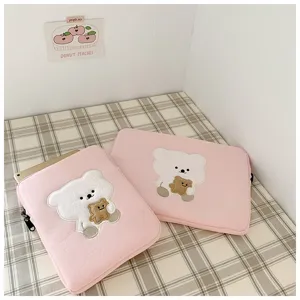 Pink cute bear embroidered laptop sleeve and tablet storage bag for 11 and 13 inch devices.