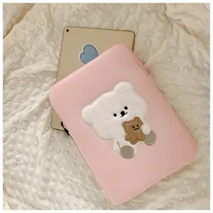 Pink cute bear embroidery laptop sleeve 11 inch tablet storage bag aesthetic design