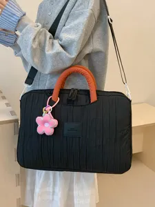 Trendy pleated tote bag, large capacity laptop bag with cute flower pendant for women.