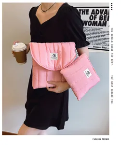 Pink quilted laptop sleeve set, cotton padded protective case with pouch, lightweight design.