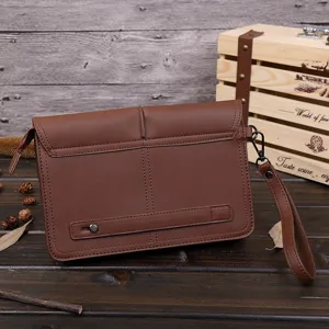 Bolso cartera de cuero PU marrón para hombre detalle estilo vintage correa ranuras