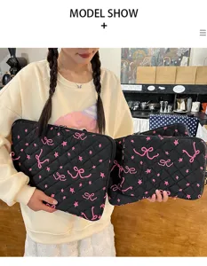 Korean style cute bow embroidered quilted laptop sleeve large capacity tablet storage bag