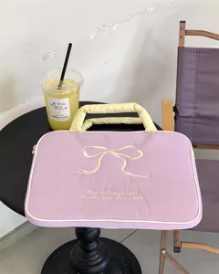 Süße bestickte Schleifen Laptoptasche mit Griff, ästhetisches rosa Design für den Alltag.