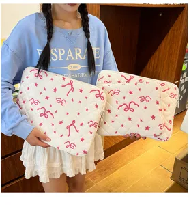 Korean style cute bow embroidery quilted laptop sleeve and tablet storage bag for women