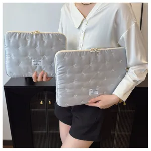 Korean INS style quilted bow laptop sleeve, 14-inch portable waterproof case for women.