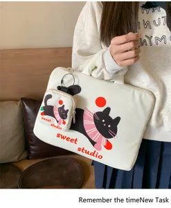Cute Korean style laptop sleeve bag with small storage pouch, black cat print for commute.