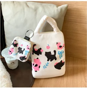 Korean cute cat print laptop sleeve and mini pouch set for daily student commute and travel.