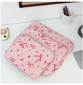 Cute pink quilted laptop sleeve set with embroidered bows and stars, large capacity tablet bag.