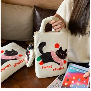 Korean cute black cat print canvas laptop bag and tablet storage sleeve detail view.