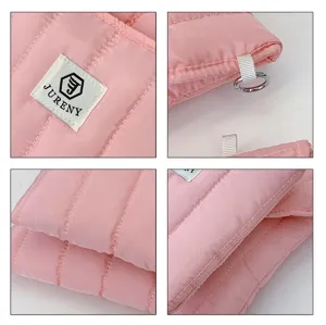 Pink quilted cotton laptop sleeve detail view, shockproof protective computer case interior.