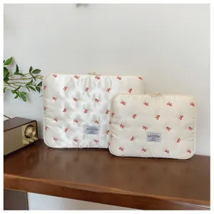 Korean style embroidered bow laptop sleeve, satin anti-shock computer bag detail show.