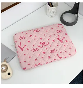 Pink quilted laptop sleeve with cute bow and star embroidery, large capacity tablet storage bag.