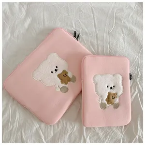 Cute bear embroidery pink laptop sleeve and ipad storage bag detail view, soft and portable.