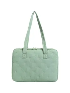 Sac d'ordinateur matelassé vert clair avec nœuds brodés mignons, sac cabas 14 pouces élégant.