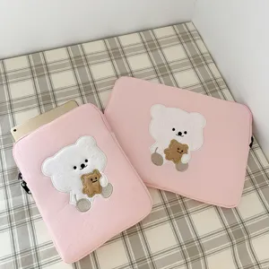 Cute Bear Embroidery Laptop Sleeve Kawaii Pouch Soft Cotton Padded Tablet Storage Bag For Daily Commute And Travel