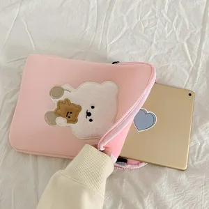 Pink cute bear embroidery laptop sleeve, aesthetic tablet storage bag for 11/13 inch pro.