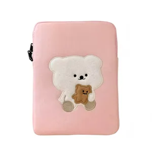 Cute pink laptop sleeve with cute white bear embroidery, soft velvet tablet storage bag 13 inch