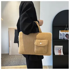 Quilted laptop sleeve with front pocket and handle minimalist beige computer bag stylish