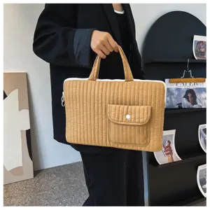 Korean style quilted laptop bag with front pocket, lightweight solid color sleeve for students.