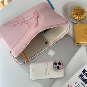 Rosa gesteppte 13 Zoll Laptoptasche mit süssen Schleifen,weichem Plüschfutter und Aufbewahrung.