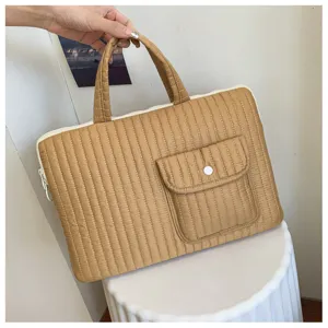 Quilted laptop sleeve tote bag for women, khaki padded 15 inch computer carrying bag.