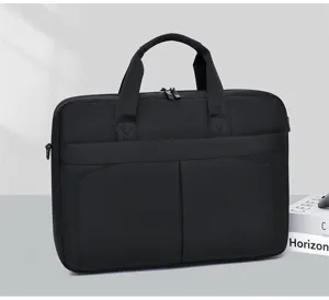 Black business laptop briefcase, large capacity minimalist commuting bag with sturdy handles.