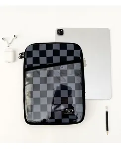 Korean style checkered iPad sleeve with transparent front pocket and plush interior protection case.