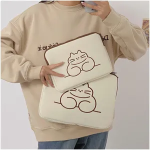 Cute cat print canvas laptop sleeve ipad tablet protective inner bag for 11 13 inch student