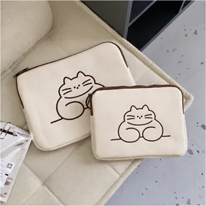 Cute cartoon cat iPad laptop sleeve pouch, minimalist beige tablet case for 11 13 inch students.