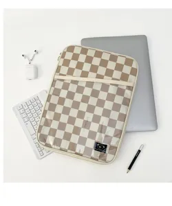 Korean style checkerboard iPad sleeve with transparent pocket, plush interior shockproof bag.