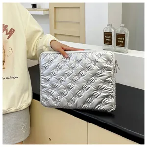 Custodia per laptop trapuntata argento con grazioso fiocco, borsa per computer 13.3 14 pollici.