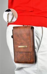 Durable crazy horse pattern leather phone waist bag with dual layers and secure belt loop.