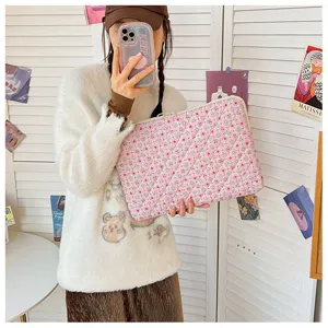 Pink quilted laptop sleeve with cute strawberry pattern, soft protective computer bag for 13 14 15 inch.
